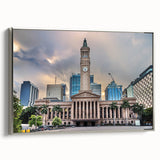 Vintage poster art of Brisbane skyline in vibrant colors on a large framed canvas, suitable for living room decor.