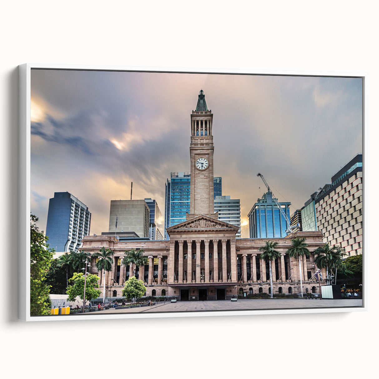 Framed canvas featuring a black and white vintage poster of the Brisbane landscape, ideal for bedroom wall art.
