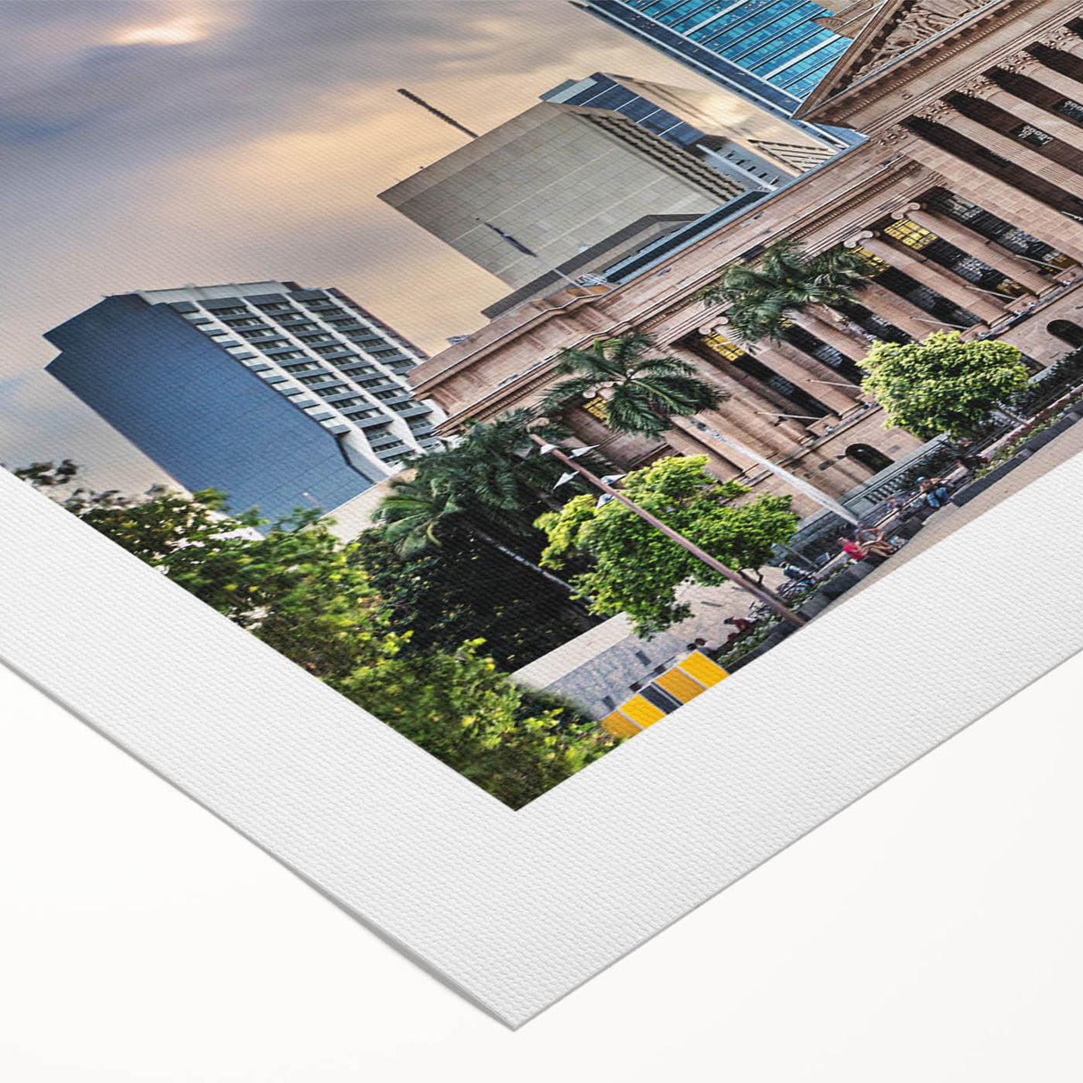 Art deco poster of Brisbane skyline in muted gold and teal tones on rolled canvas, suitable for dining room wall art.