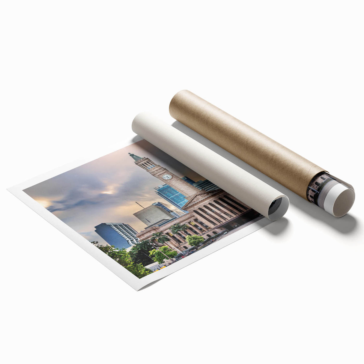 Extra large rolled print of Brisbane scenery with vibrant floral art.