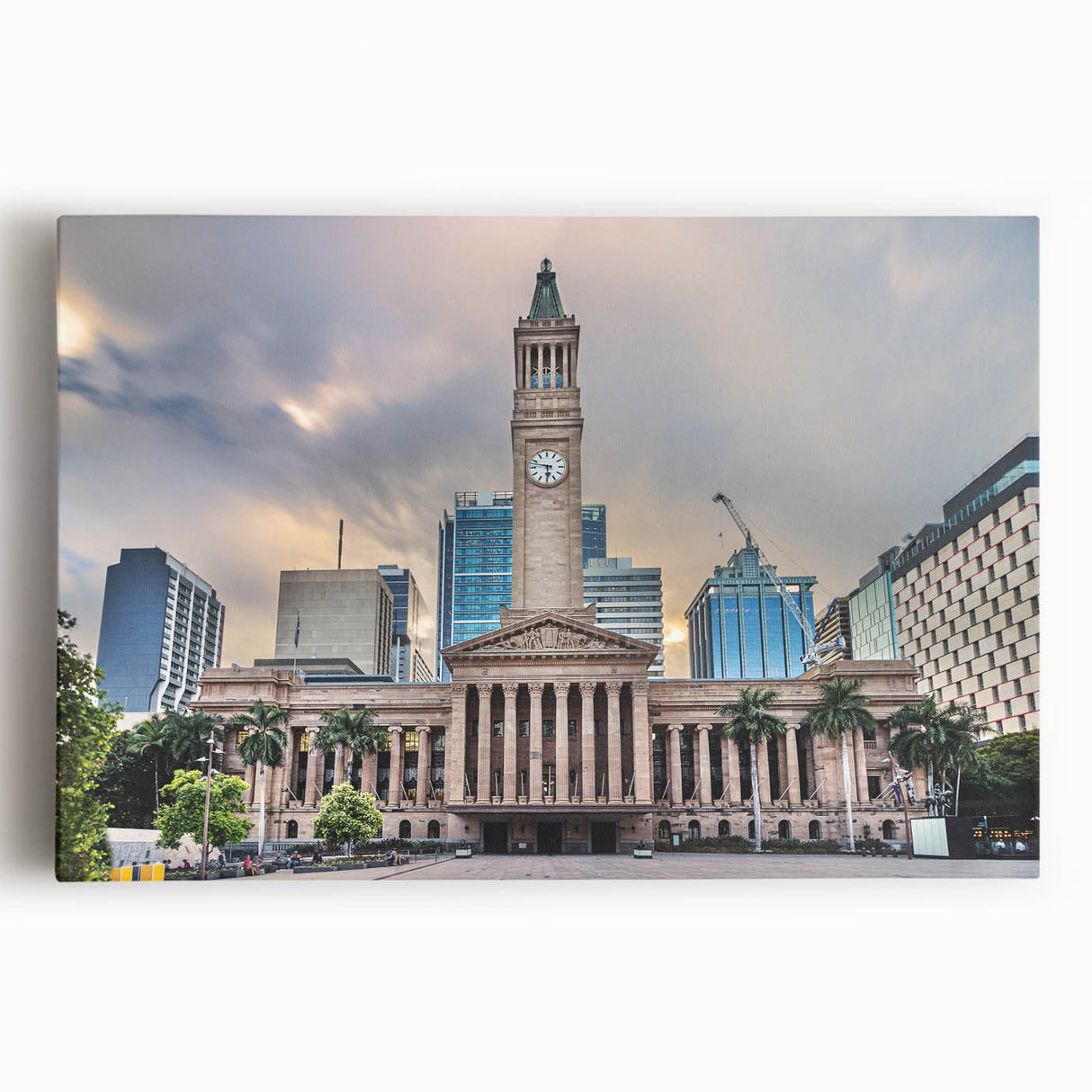 Black and white photograph of Brisbane skyline on stretched canvas, suitable as large kitchen art.