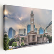 Side view of a stretched canvas depicting the Brisbane skyline in muted gray and blue tones, suitable for kitchen wall art.