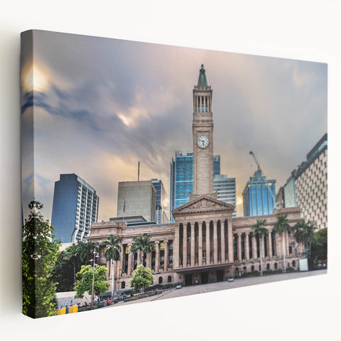 Side view of a stretched canvas depicting the Brisbane skyline in muted gray and blue tones, suitable for kitchen wall art.