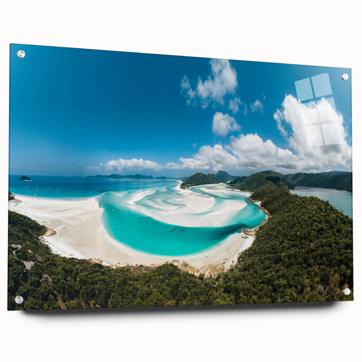 Acrylic print of the Great Barrier Reef in vivid blue and green tones, suitable for bedroom or dining room decor.