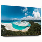 Acrylic print of the Great Barrier Reef in vibrant blue and green tones, suitable for bedroom or dining room decor.