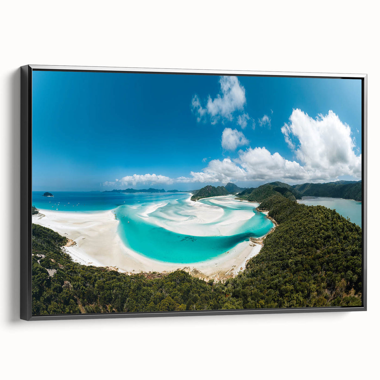 Black and white framed canvas of the Great Barrier Reef landscape, ideal for bedroom wall art.
