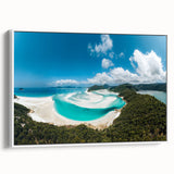 Framed canvas featuring a vintage-style landscape painting of the Great Barrier Reef in muted blue and green tones.