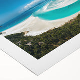 Art deco poster of the Great Barrier Reef in teal and marine blue tones on rolled canvas, suitable for dining room wall art.