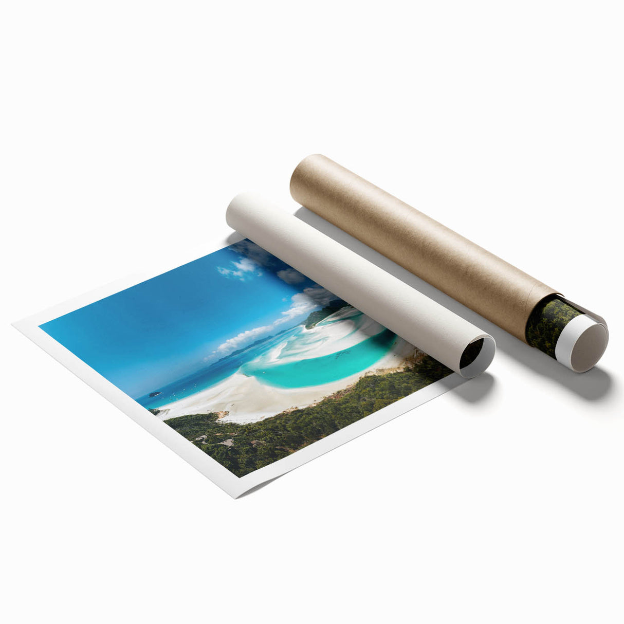 Extra large rolled print of the Great Barrier Reef in vibrant blue and green tones, ideal for classy bathroom wall art.