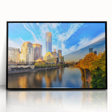 Large abstract wall art depicting the Melbourne skyline in muted gray tones on a framed acrylic.