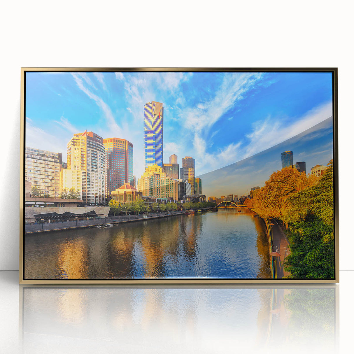 Mid-century modernist art of Melbourne skyline in gold and black acrylic print, ideal for modern art wall decor.