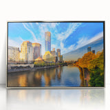 Art deco poster of Melbourne skyline in silver acrylic frame, suited for modern art wall decor or nursery.