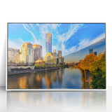 Mid-century modernist Melbourne skyline depicted in muted colors on a framed acrylic print, ideal for modern art wall decor.