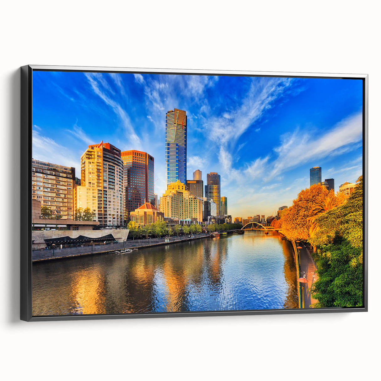 Black and white framed canvas of Melbourne landscape, ideal for bedroom wall art.