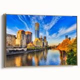 Landscape art painting of Melbourne featuring a vintage poster style on a framed canvas, with a palette of gold and black.