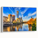 Framed canvas depicting a black and white vintage poster of the Melbourne skyline, suitable for bedroom wall art.