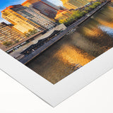 Art deco poster of Melbourne skyline in muted blue tones on rolled canvas, suitable for dining room wall art.