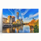 Black and white large art print of Melbourne skyline on stretched canvas, ideal for kitchen wall art or bedroom ambiance.