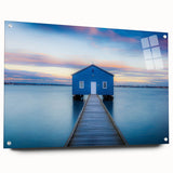 Large abstract depiction of Perth, Australia in muted blue and green shades on acrylic glass.