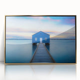 Mid-century modernist art depicting the Perth skyline in muted gold and blue tones on framed acrylic.