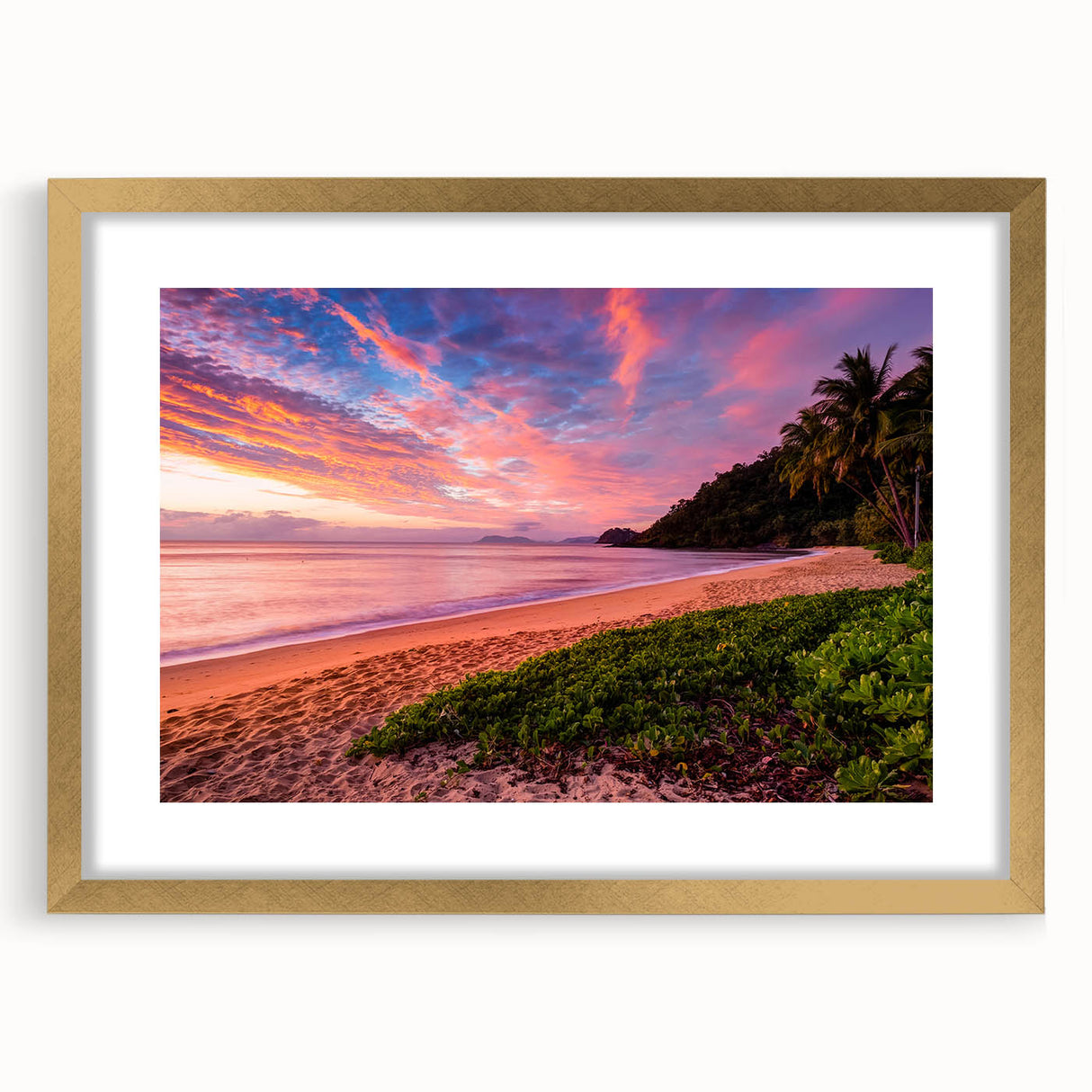 Abstract art print of Queensland scenery in gold frame, using soft earth tones, ideal for dining room decor.
