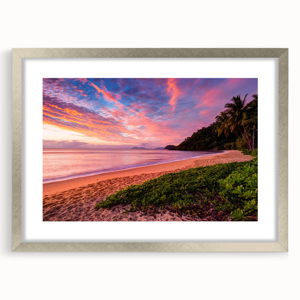 Extra large abstract art print featuring a textured Queensland scenery in muted earth tones, framed in silver.