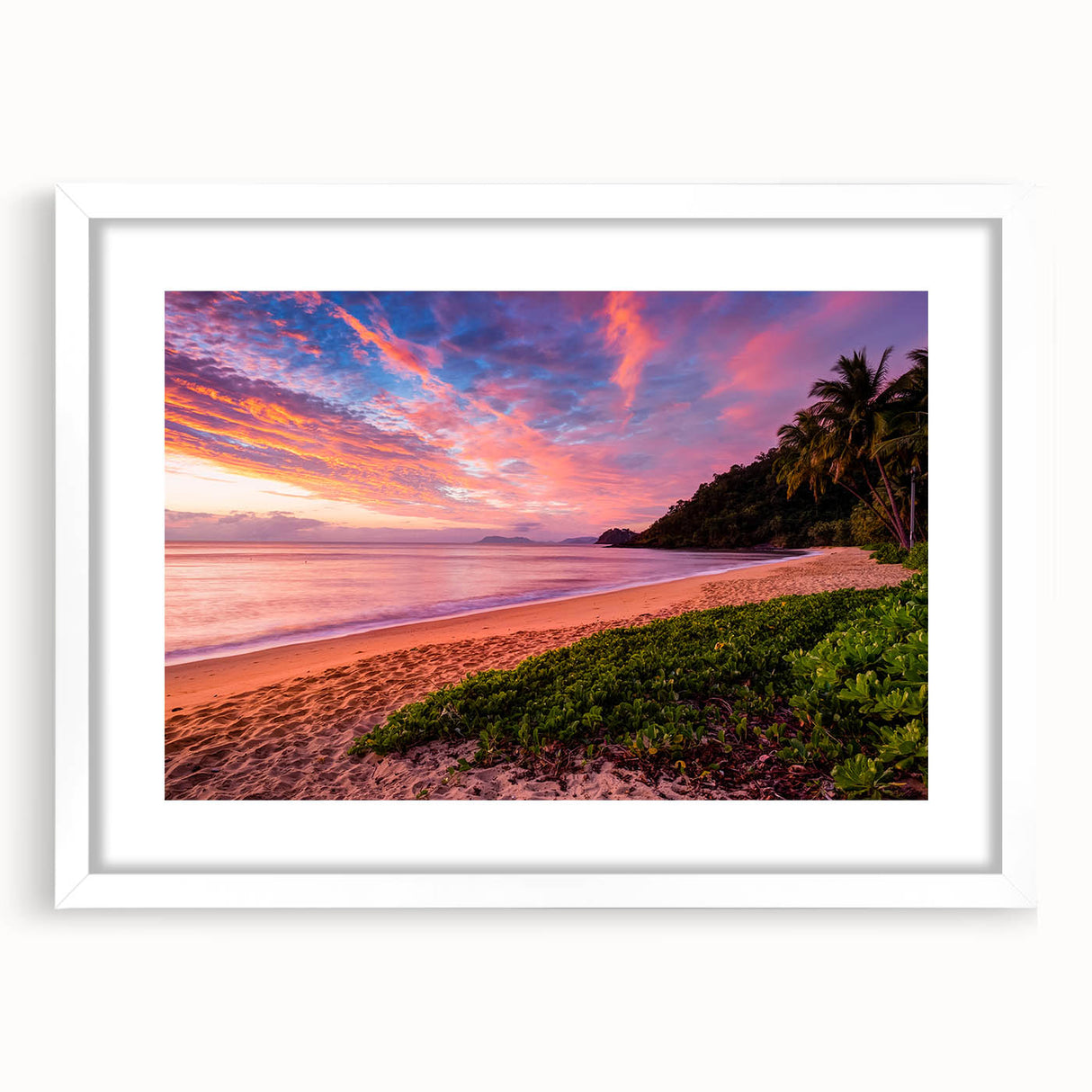 Textured abstract art print depicting a serene Queensland landscape in muted earth tones, framed in white.