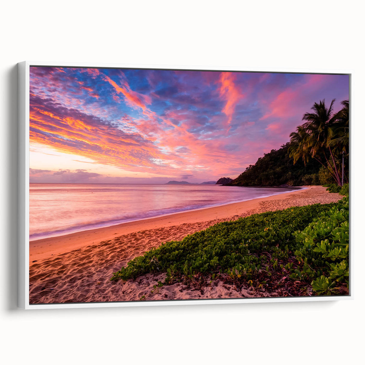 Vintage poster art of Queensland featuring colorful imagery on a large framed canvas, ideal for living room decor.