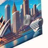 Large abstract wall art of Sydney skyline in pastel shades on acrylic glass, ideal for dining room ambiance.