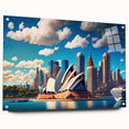 Sydney skyline in muted blue and gray tones on acrylic glass, suitable for bedroom or dining room wall art.