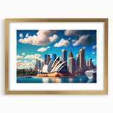 Textured abstract art print of Sydney skyline in muted gold and blue tones on a framed canvas, suitable for bedroom decor.