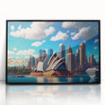 Large abstract wall art depicting the Sydney skyline in muted blue tones on a framed acrylic.