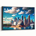 Black and white framed canvas of Sydney landscape, ideal for bedroom wall art, featuring vintage poster style.