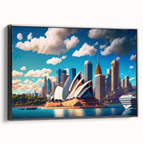 Black and white framed canvas of Sydney landscape, ideal for bedroom wall art, featuring vintage poster style.