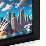 Extra large black wall art of Sydney scenery on framed canvas, featuring vibrant color textures, ideal for living room decor.