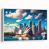 Framed canvas landscape art painting featuring the Sydney skyline with colorful art and a vintage poster style.