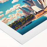 Art deco poster of Sydney skyline in monochrome shades on rolled canvas, suitable for dining room wall.