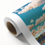 Art Deco-style Sydney skyline on rolled canvas with muted blue and pink tones, ideal for nursery wall art.