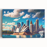 Black and white photo of Sydney skyline on large stretched canvas, ideal for kitchen art.