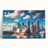 Black and white stretched canvas of Sydney skyline, ideal for kitchen wall art or bedroom ambiance.