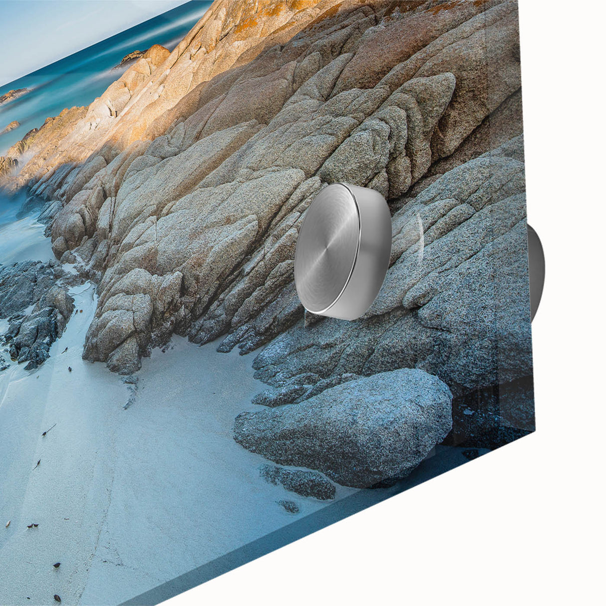 Large abstract wall art depicting Tasmania scenery in muted earth tones on acrylic glass, suitable for dining room ambiance.