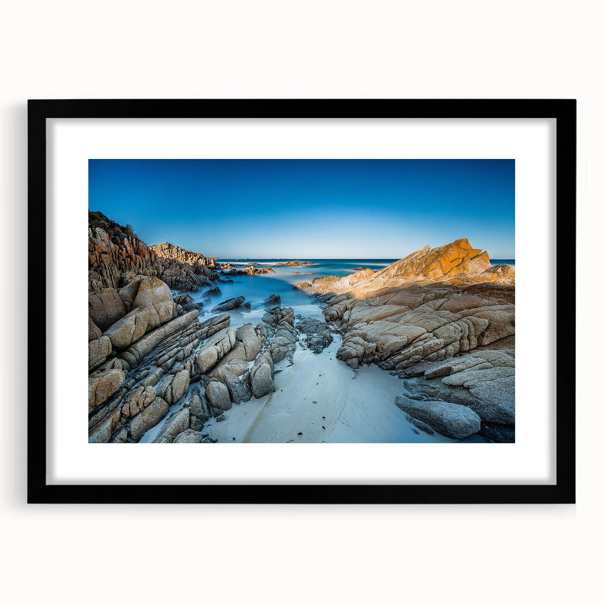 Extra large, textured abstract art print of a vibrant Australian Tasmanian landscape on a framed black canvas.
