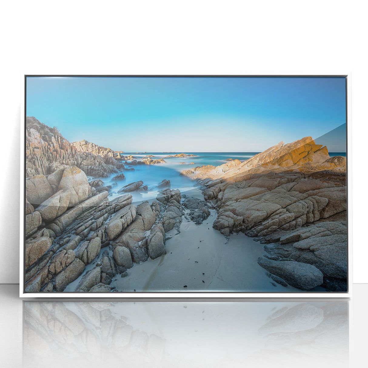 Framed acrylic print of a serene Tasmanian landscape in muted green and blue tones, ideal for modern art wall decor.