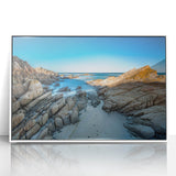 Framed acrylic print of a serene Tasmanian landscape in muted green and blue tones, ideal for modern art wall decor.