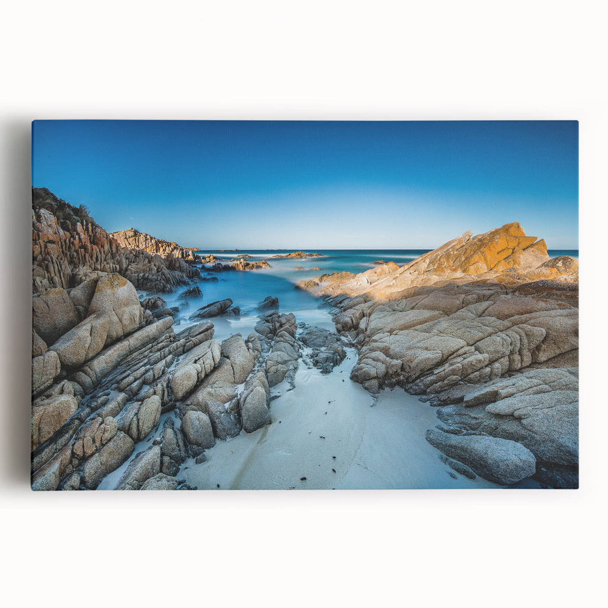 Black and white photo of Tasmania scenery on stretched canvas, ideal for kitchen wall art.