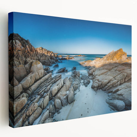 Large stretched canvas of a serene Tasmania landscape in muted green and blue tones, ideal for kitchen wall art.