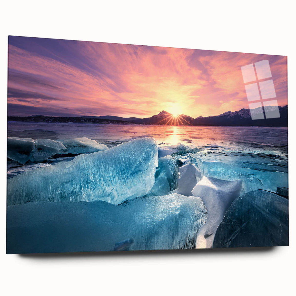 Large abstract depiction of Alberta scenery on acrylic glass, featuring cool blue and green tones.