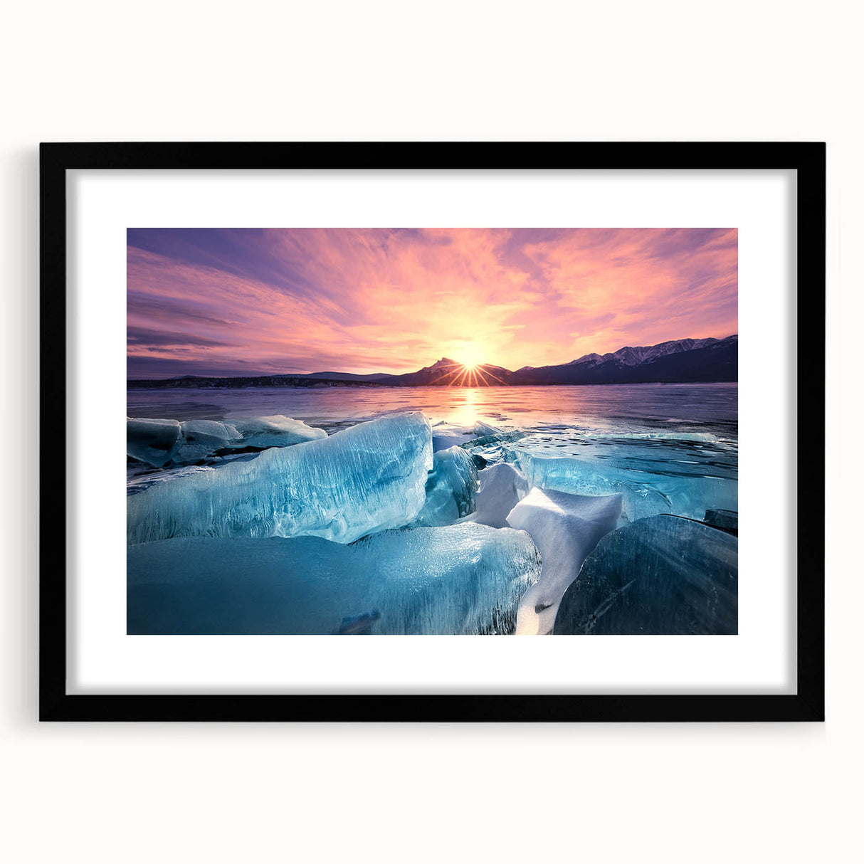 Extra large abstract art print of a vibrant, colorful Canadian landscape on a textured canvas, framed in black.