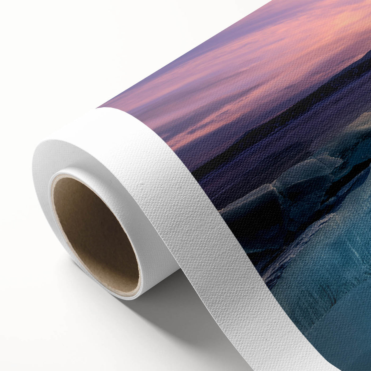 Art deco poster of Alberta, Canada scenery in muted blue and green hues on rolled canvas, ideal for nursery wall art.