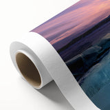 Art deco poster of Alberta, Canada scenery in muted blue and green hues on rolled canvas, ideal for nursery wall art.
